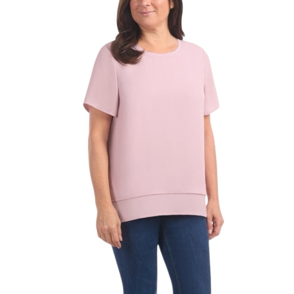 Hilary Radley Women’s Double Layer Short Sleeve Blouse Pink Small Flowy Summer